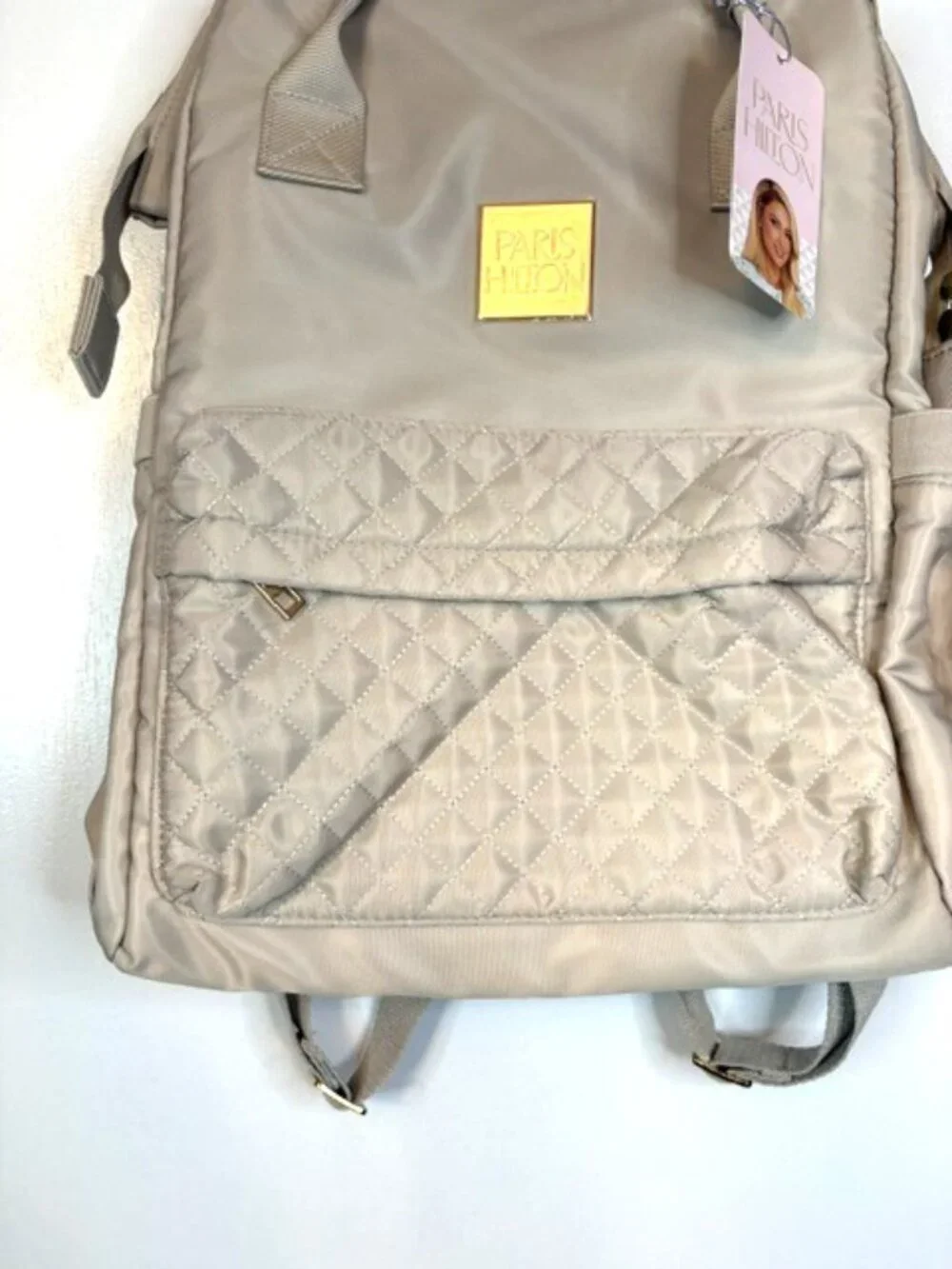 Paris Hilton Tan Quilted Backpack with Front Zipper Pocket
